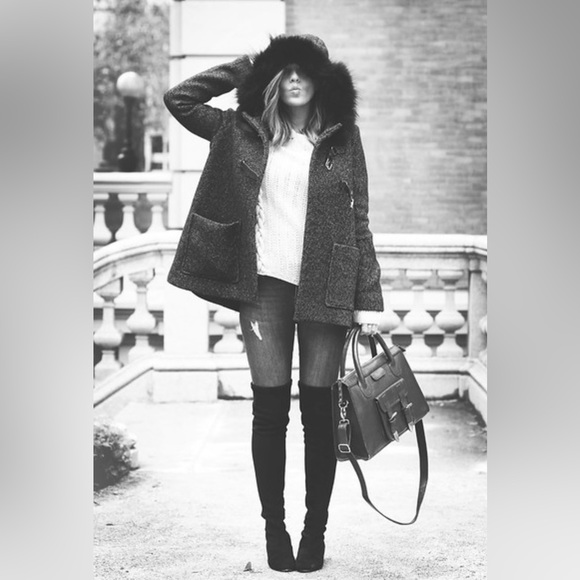 Maje 36 S Duffle Coat Wool Coyote Fur Collar Trim Jacket Black Tweed Buckle $745 - Picture 12 of 13